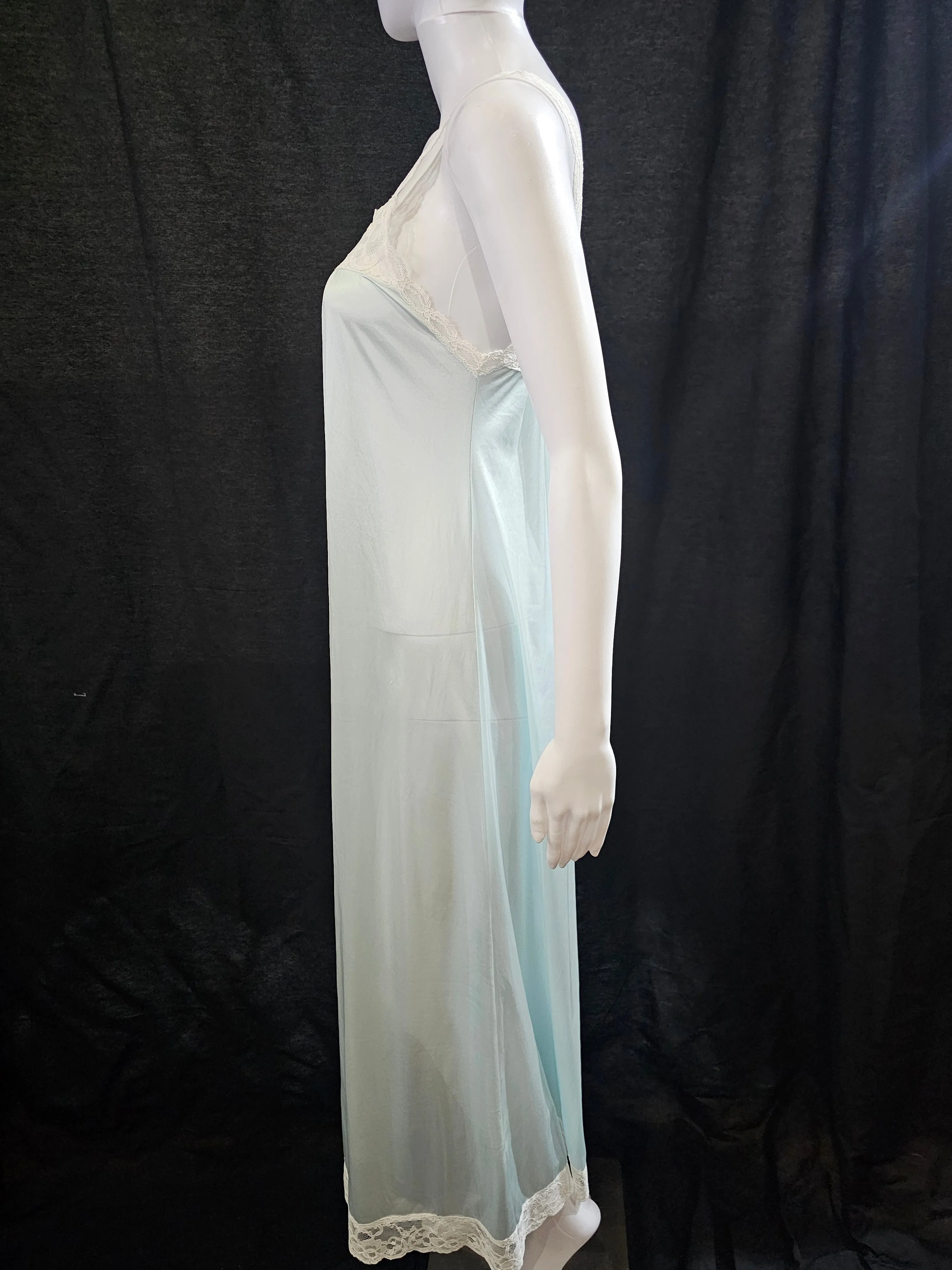 1970s pale blue semi sheer nylon negligee with white lace
