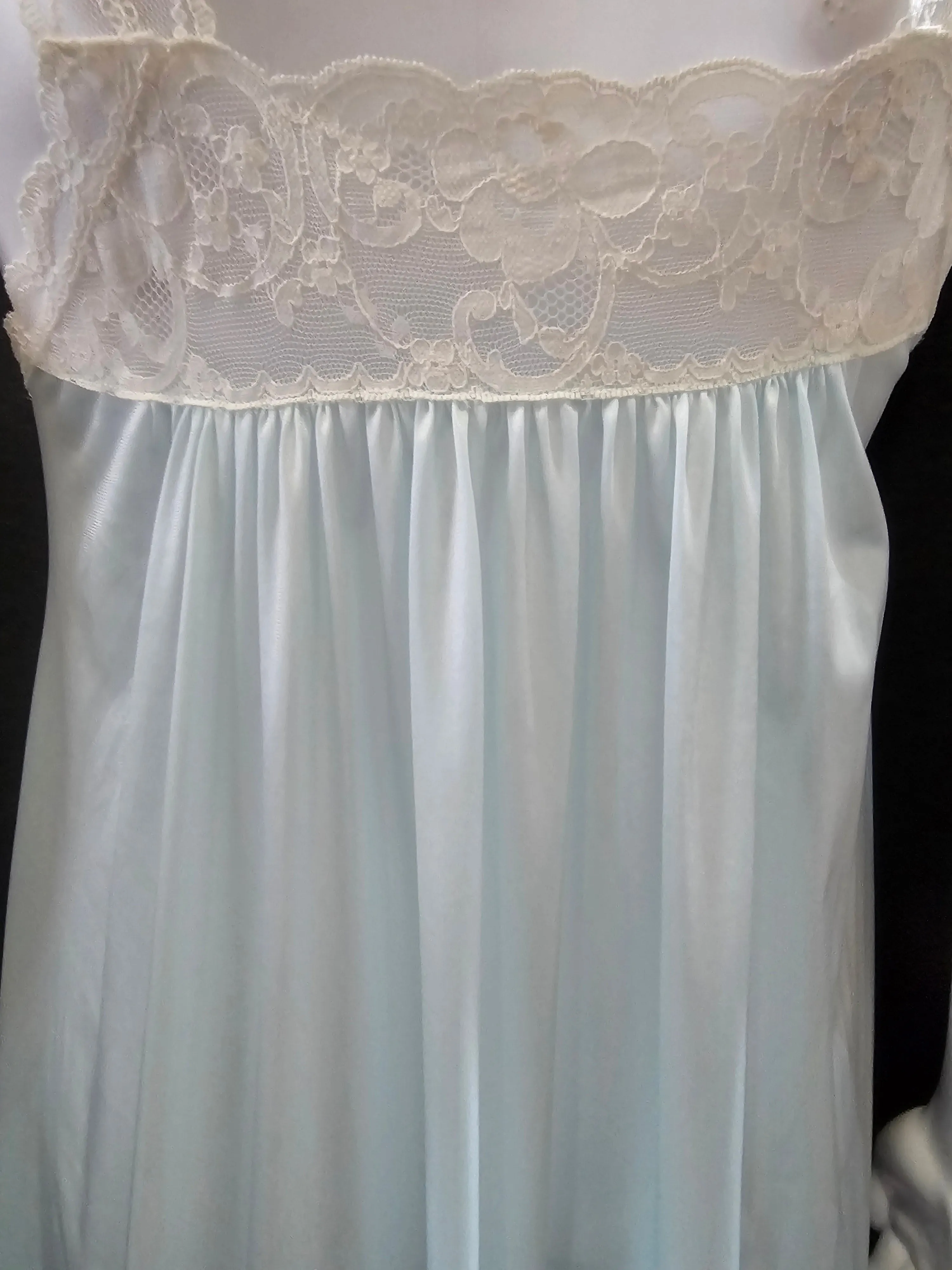 1970s pale blue semi sheer nylon negligee with white lace
