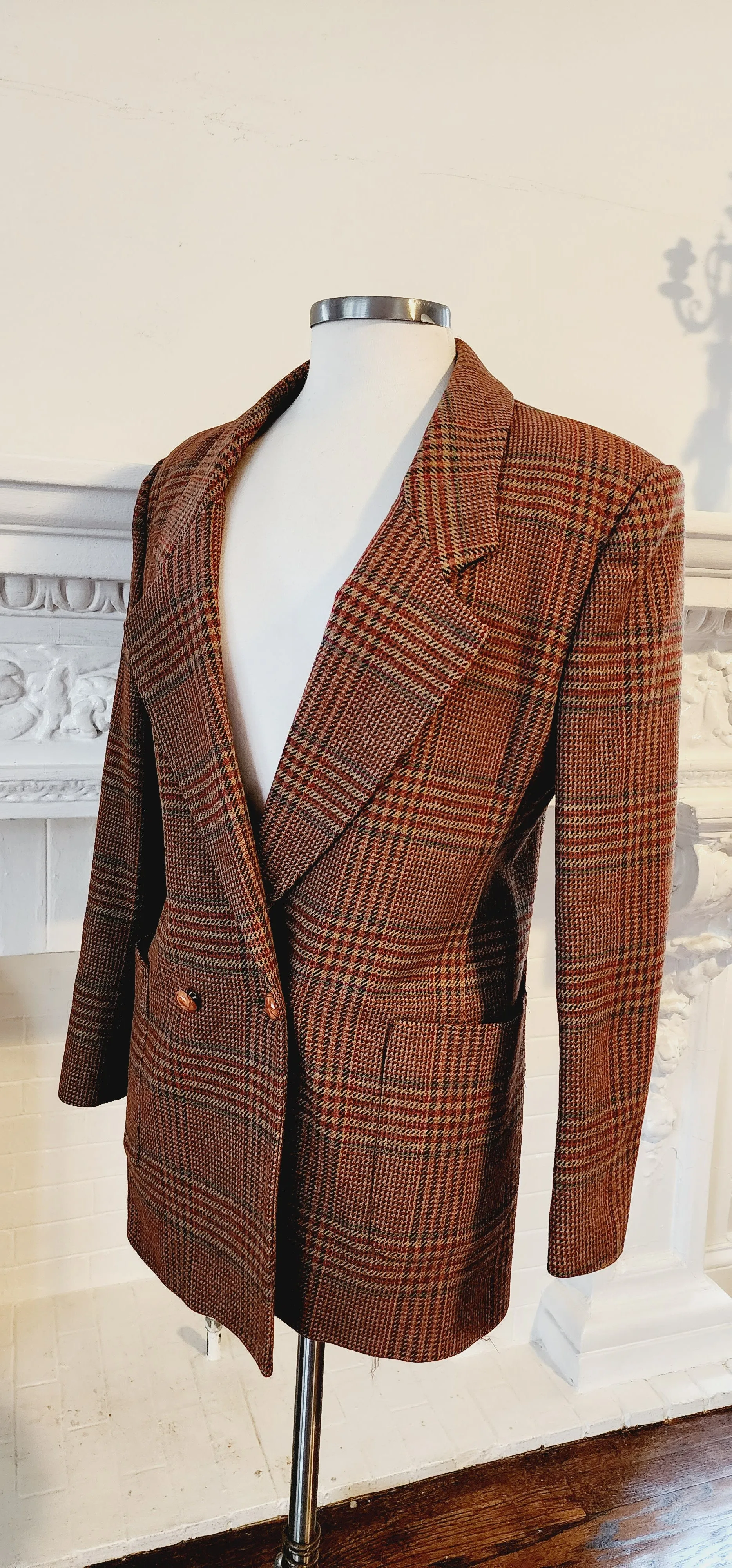 80s Wool Plaid Blazer in Brown Tones by Field Manor S/M