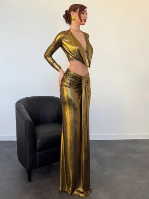 Aloruh 2pcs Set: Elegant Vintage-Look Coated Fabric Ruched Collar Long Sleeve Top And Low Waist Pleated Skirt Suit