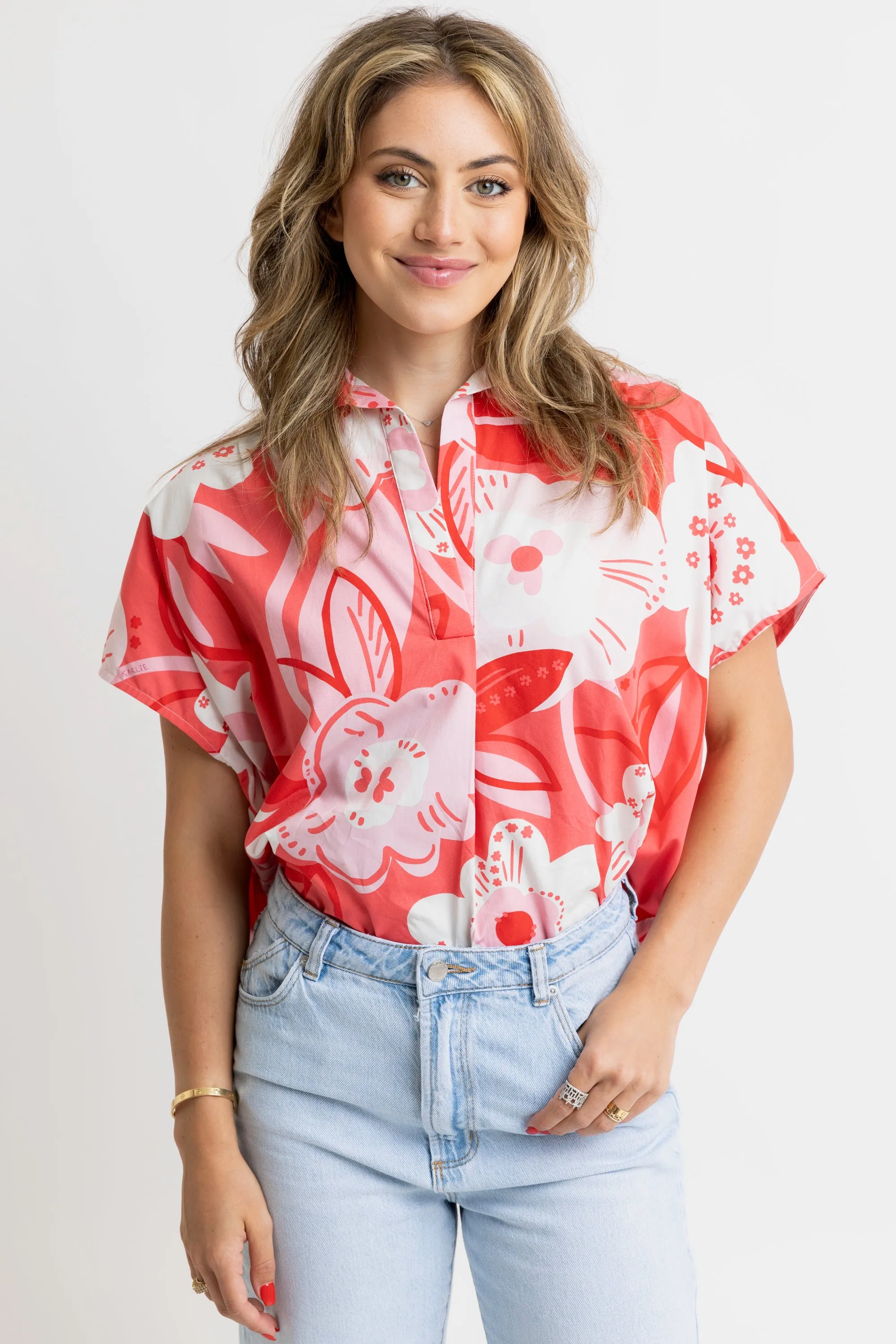 Artist Floral V Neck Collar Top - Red