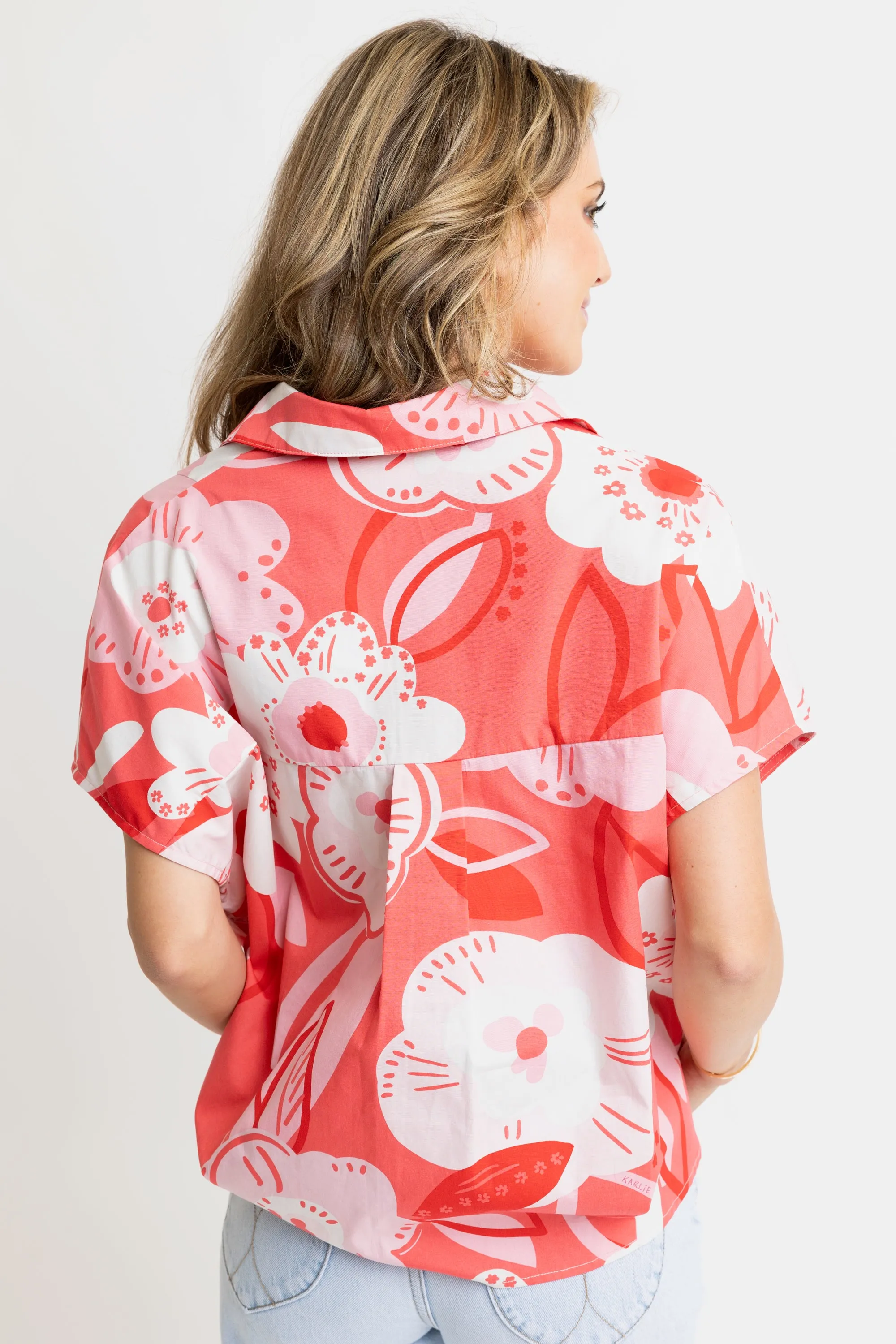 Artist Floral V Neck Collar Top - Red