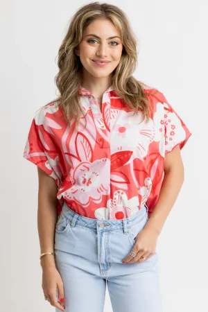 Artist Floral V Neck Collar Top - Red