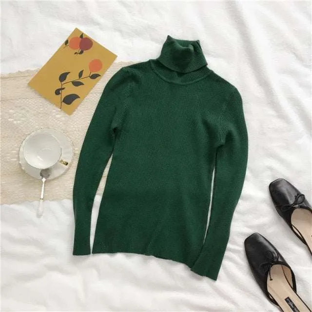 Autumn Winter Women Thick Sweater Knitted Ribbed Turtleneck Sweaters