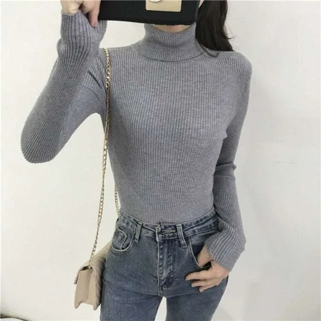 Autumn Winter Women Thick Sweater Knitted Ribbed Turtleneck Sweaters