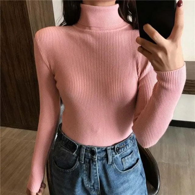 Autumn Winter Women Thick Sweater Knitted Ribbed Turtleneck Sweaters