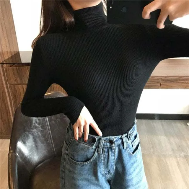 Autumn Winter Women Thick Sweater Knitted Ribbed Turtleneck Sweaters