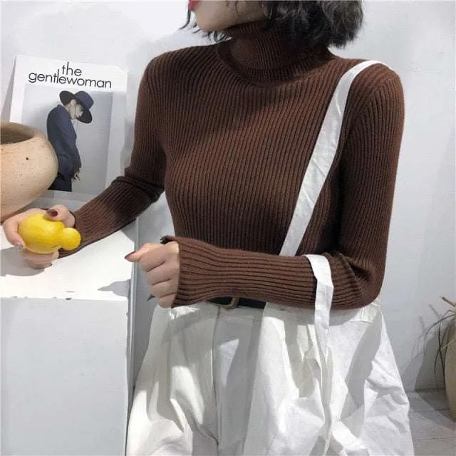 Autumn Winter Women Thick Sweater Knitted Ribbed Turtleneck Sweaters