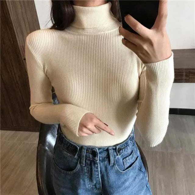 Autumn Winter Women Thick Sweater Knitted Ribbed Turtleneck Sweaters