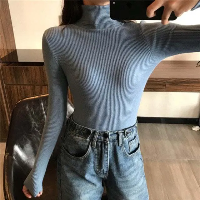 Autumn Winter Women Thick Sweater Knitted Ribbed Turtleneck Sweaters
