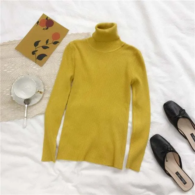 Autumn Winter Women Thick Sweater Knitted Ribbed Turtleneck Sweaters