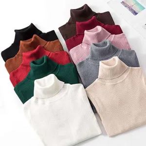 Autumn Winter Women Thick Sweater Knitted Ribbed Turtleneck Sweaters