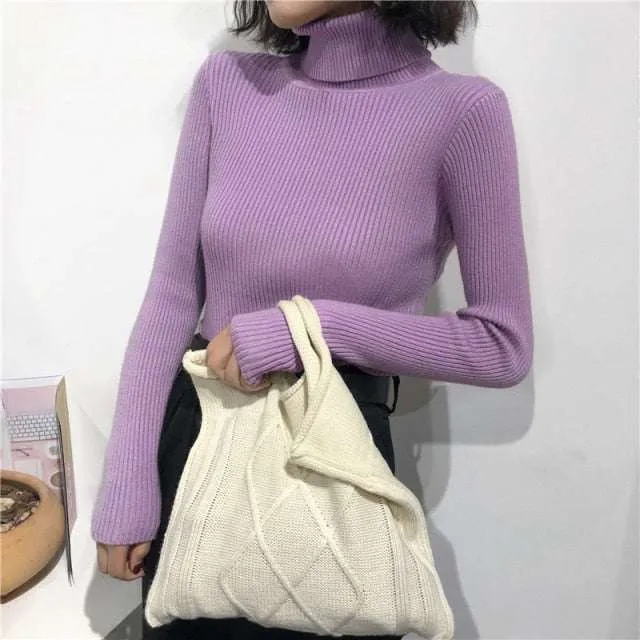 Autumn Winter Women Thick Sweater Knitted Ribbed Turtleneck Sweaters