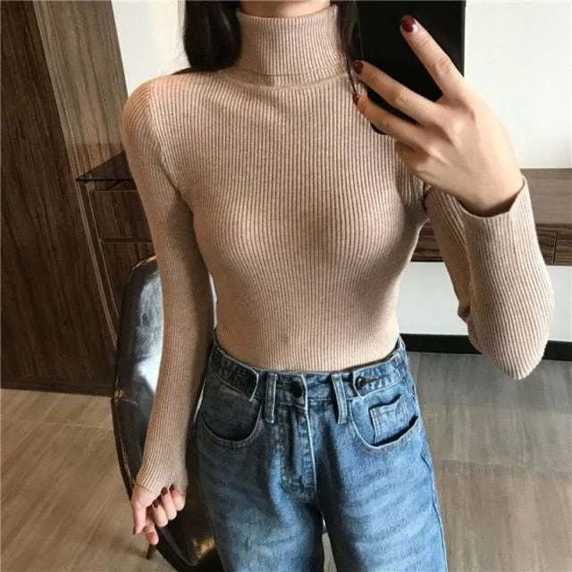 Autumn Winter Women Thick Sweater Knitted Ribbed Turtleneck Sweaters