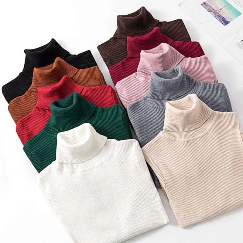 Autumn Winter Women Thick Sweater Knitted Ribbed Turtleneck Sweaters