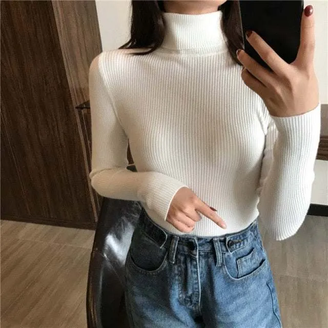 Autumn Winter Women Thick Sweater Knitted Ribbed Turtleneck Sweaters