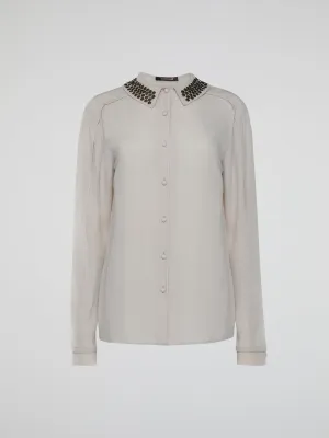 Beige Studded Collar Blouse