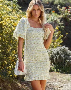 BerryBetty - Floral Ruffles Dress Puff Sleeve Bodycon Mini Dress  Ladies Slash Neck Printed Pencil Dress
