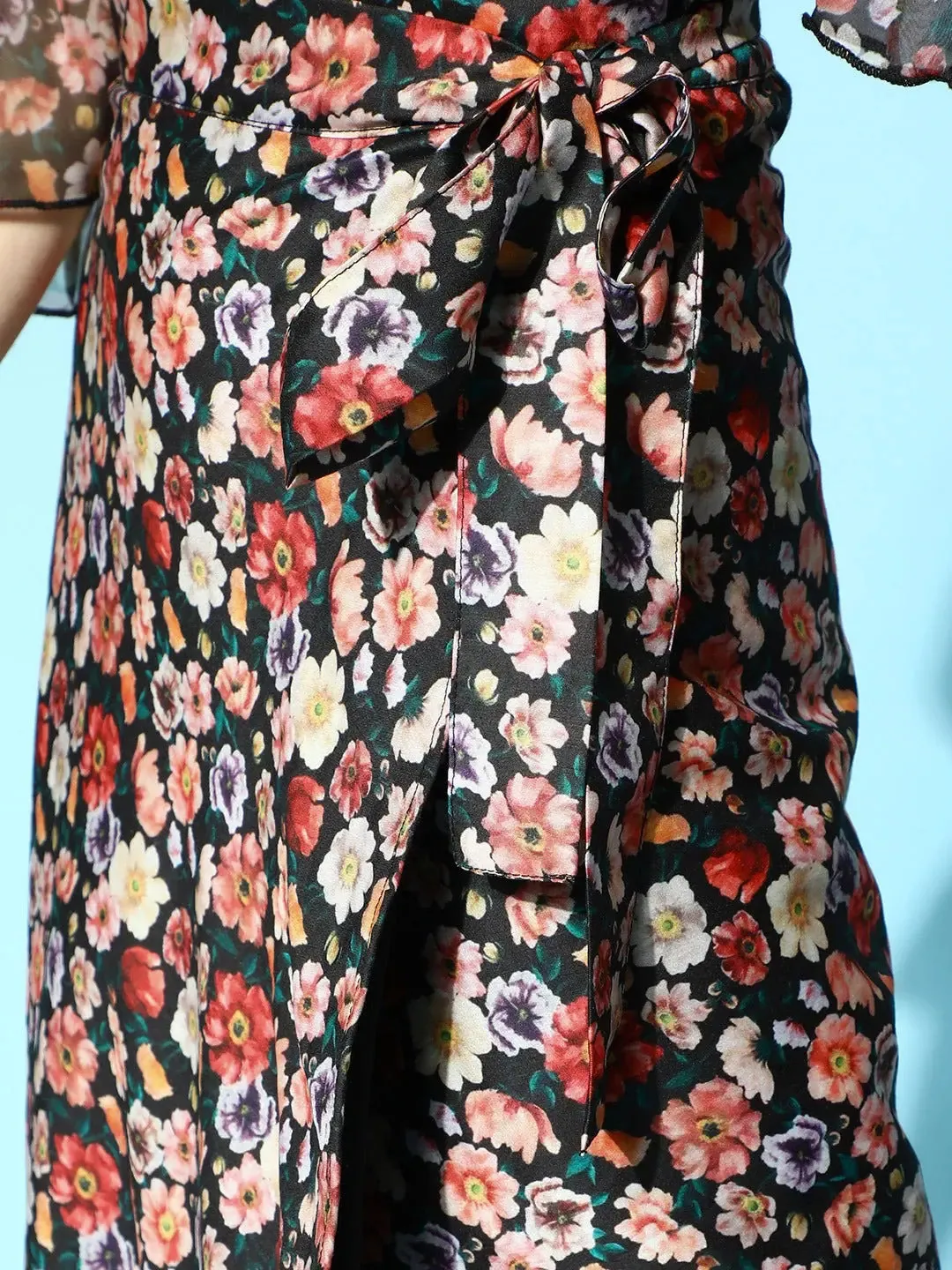 Black Ditsy Floral Wrap Skirt