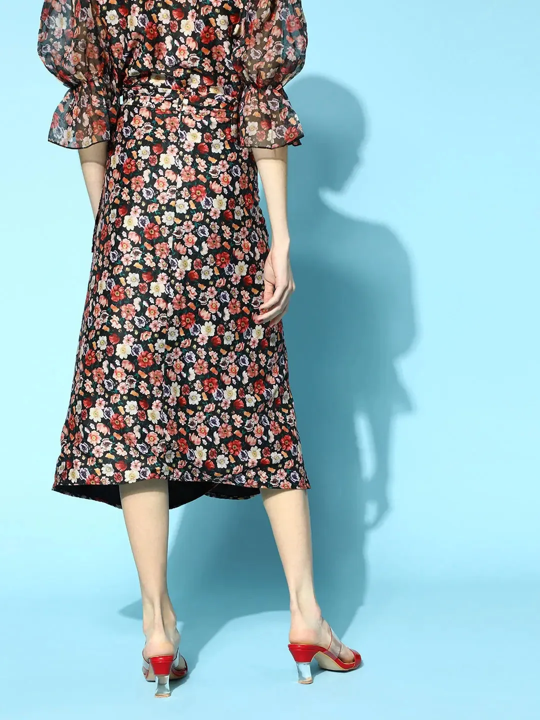 Black Ditsy Floral Wrap Skirt