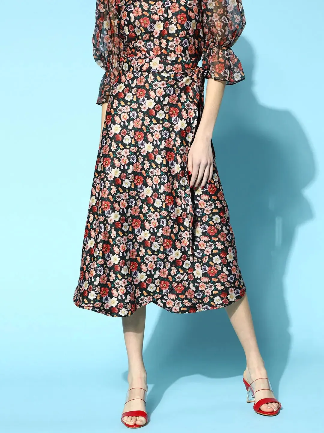 Black Ditsy Floral Wrap Skirt
