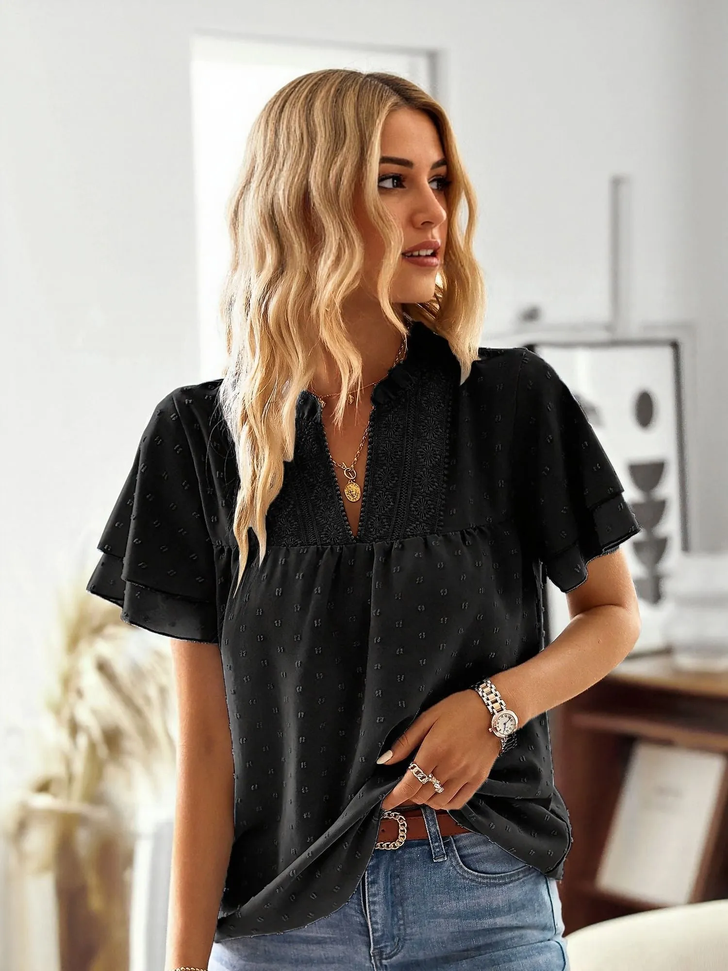 Black Top With Ruffle Sleeve