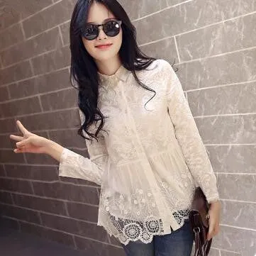blouses shirt Fashion long sleeve embroidered lace shirt turn down Collar women lace tops