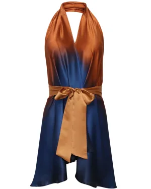 Blue and Mustard Belted Halter Blouse