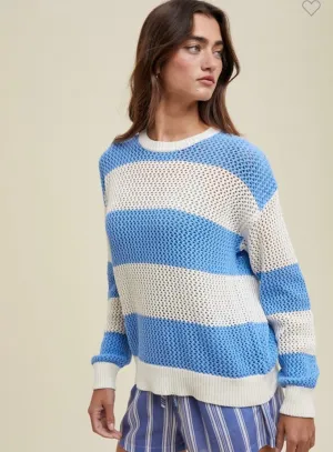 Blue Crochet Striped Sweater