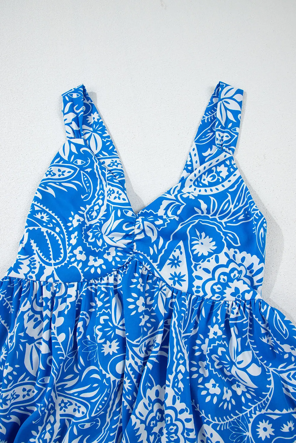 Blue Paisley V Neck Crisscross Backless Maxi Dress