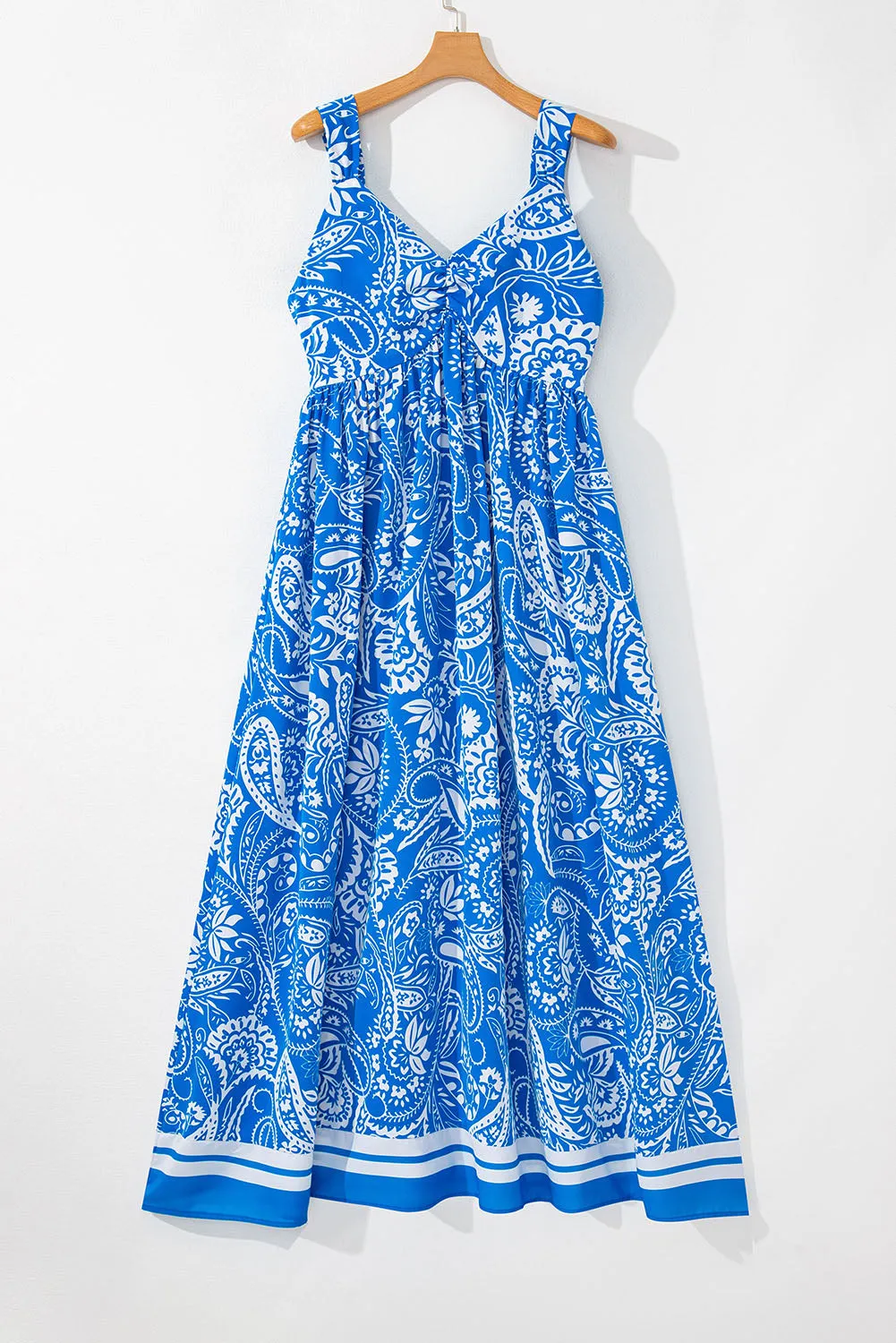 Blue Paisley V Neck Crisscross Backless Maxi Dress