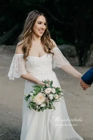 Bohemian Chiffon Lace Off-the-Shoulder A-line Beach Wedding Dresses, MW647