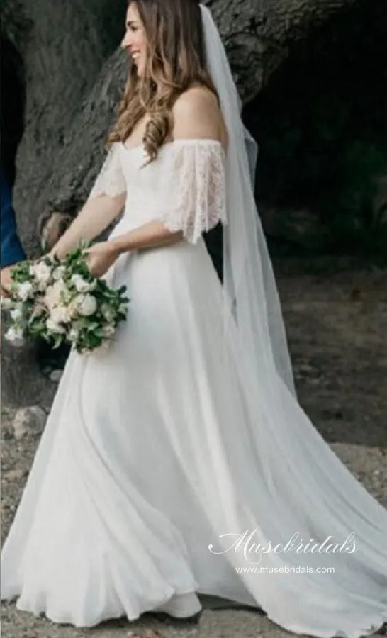 Bohemian Chiffon Lace Off-the-Shoulder A-line Beach Wedding Dresses, MW647