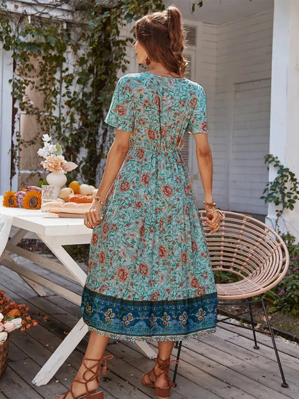 Bohemian Floral Print Midi Dress with V-Neck and Front Slit