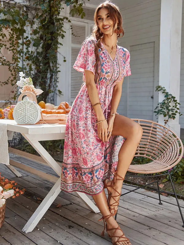 Bohemian Floral Print Midi Dress with V-Neck and Front Slit