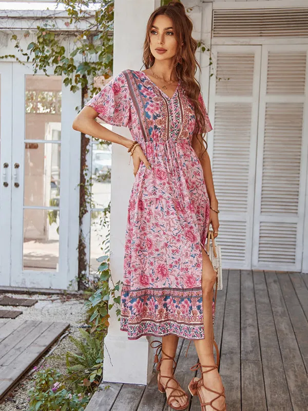 Bohemian Floral Print Midi Dress with V-Neck and Front Slit