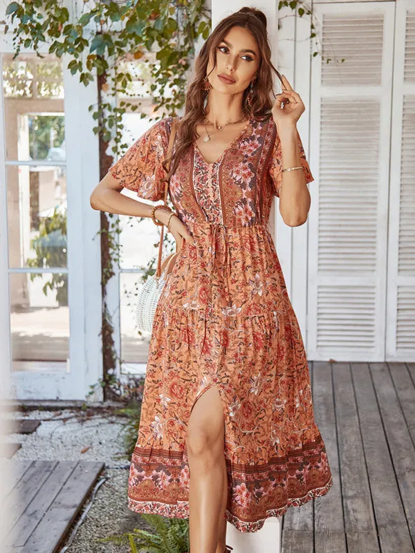 Bohemian Floral Print Midi Dress with V-Neck and Front Slit