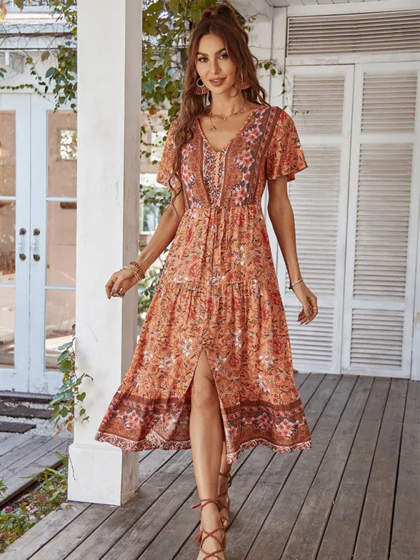 Bohemian Floral Print Midi Dress with V-Neck and Front Slit