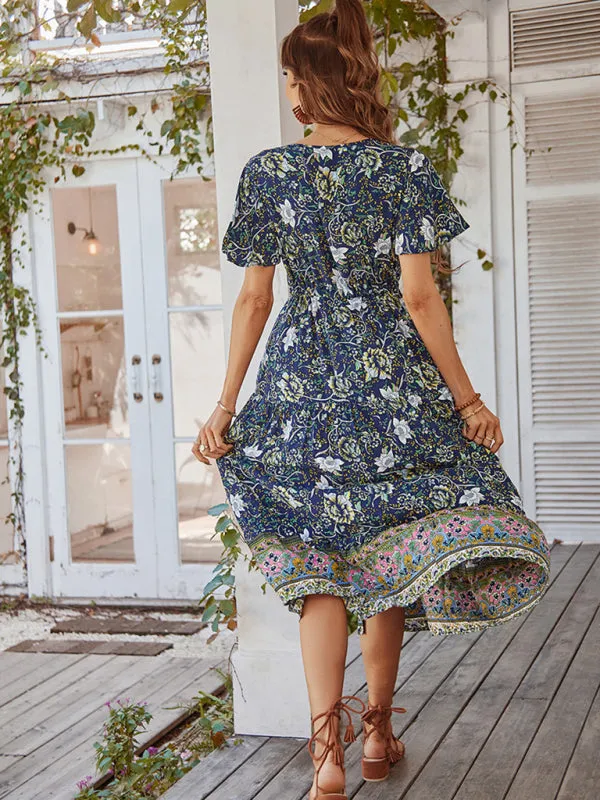 Bohemian Floral Print Midi Dress with V-Neck and Front Slit