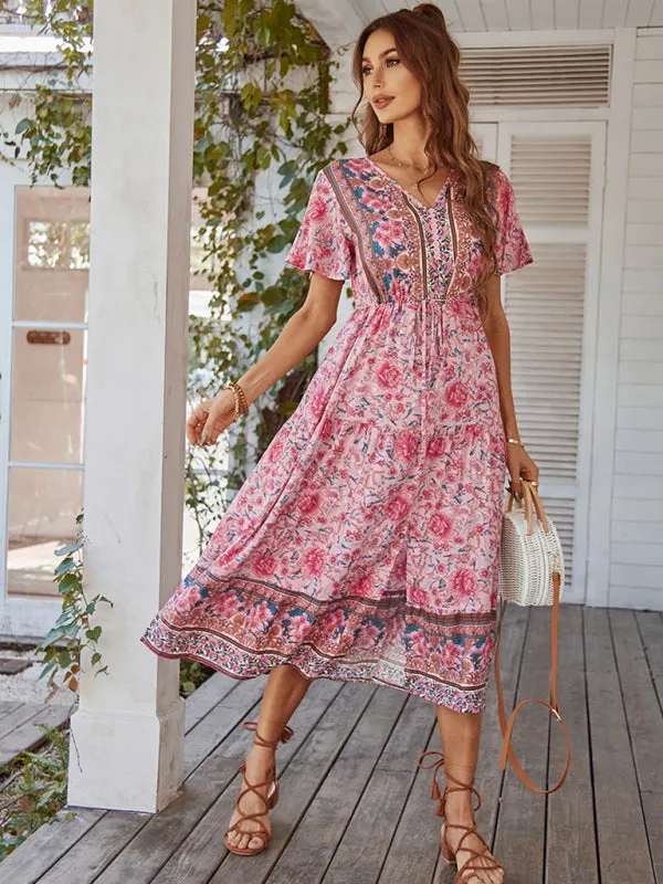 Bohemian Floral Print Midi Dress with V-Neck and Front Slit