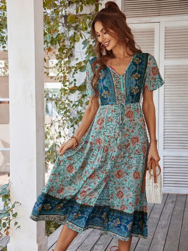 Bohemian Floral Print Midi Dress with V-Neck and Front Slit