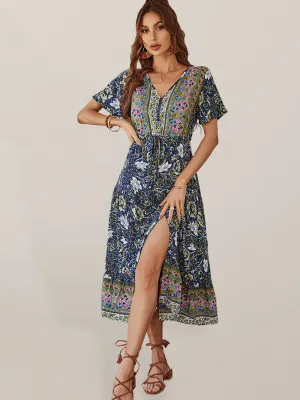 Bohemian Floral Print Midi Dress with V-Neck and Front Slit