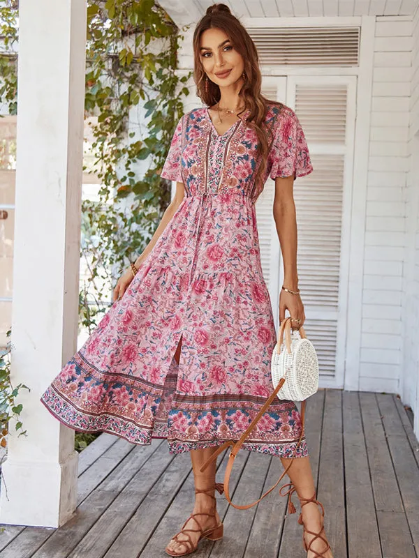 Bohemian Floral Print Midi Dress with V-Neck and Front Slit