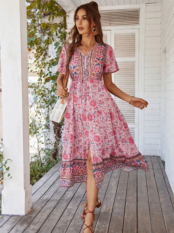 Bohemian Floral Print Midi Dress with V-Neck and Front Slit