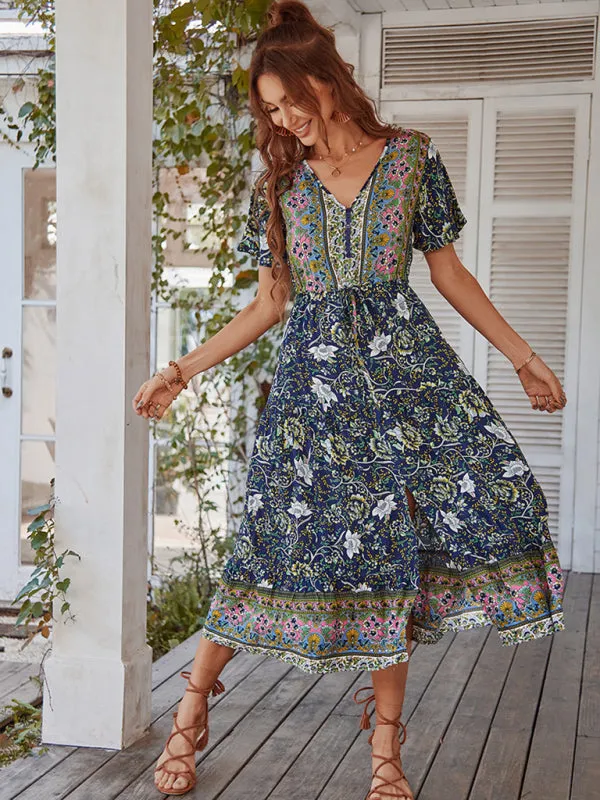 Bohemian Floral Print Midi Dress with V-Neck and Front Slit