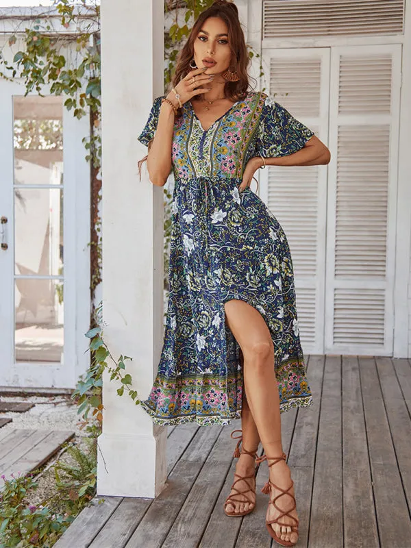 Bohemian Floral Print Midi Dress with V-Neck and Front Slit
