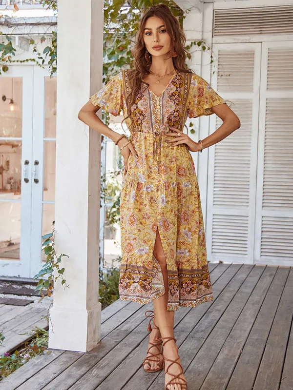 Bohemian Floral Print Midi Dress with V-Neck and Front Slit