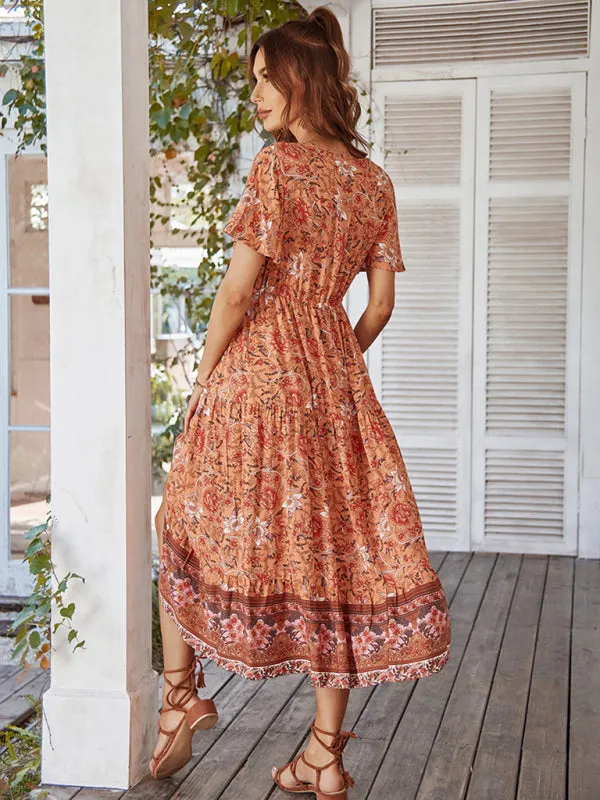 Bohemian Floral Print Midi Dress with V-Neck and Front Slit
