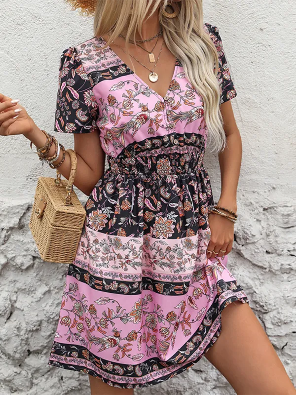 Bohemian Floral Print Mini Dress with Smocked Waist