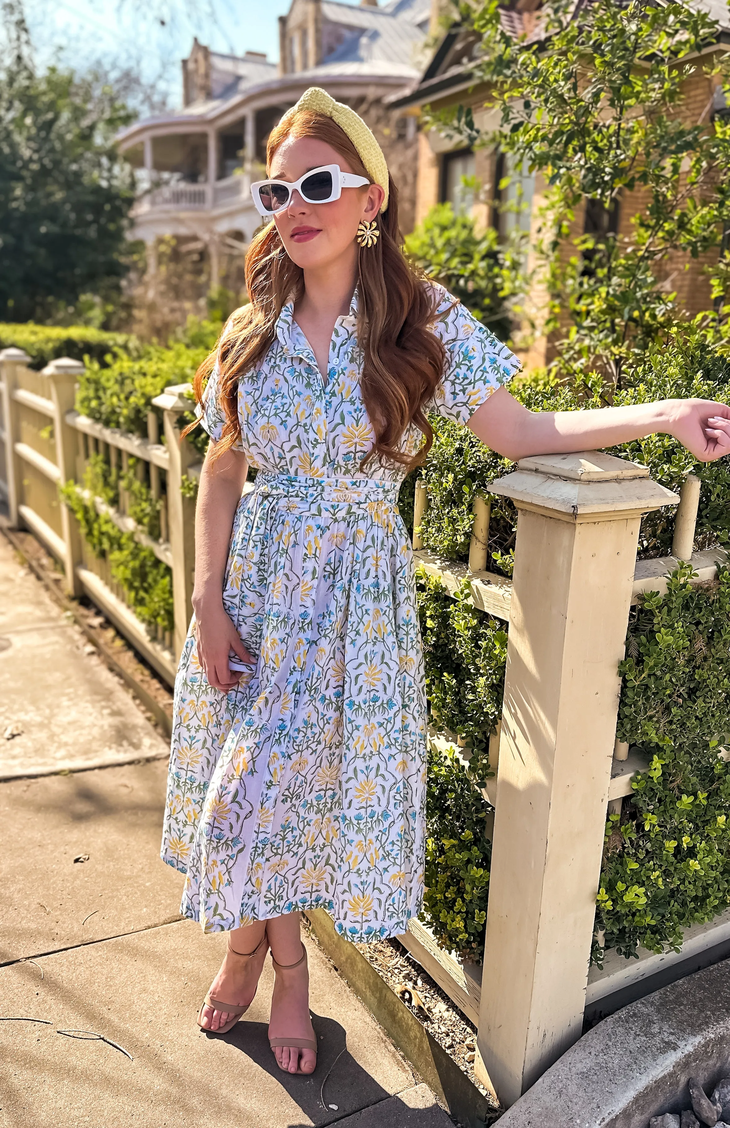 Bohemian Gemme Charlotte Button Down Midi- Blue & Yellow Floral
